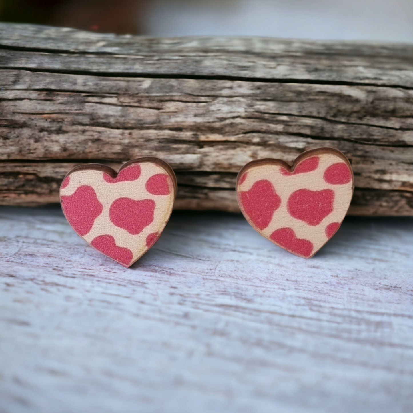 Wooden Pink Heart Studs